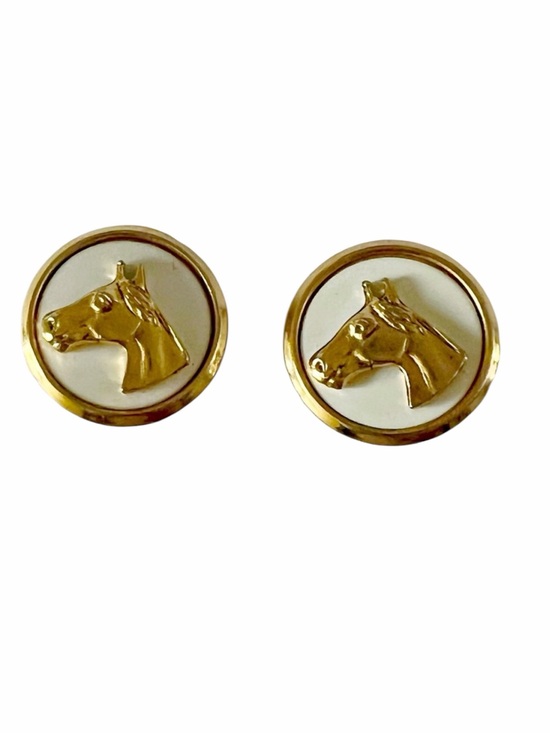 Hand Crafted Jewelry - 18 kt Gold plated Horse Round Clip on Earrings with base of Mother of Pearl
